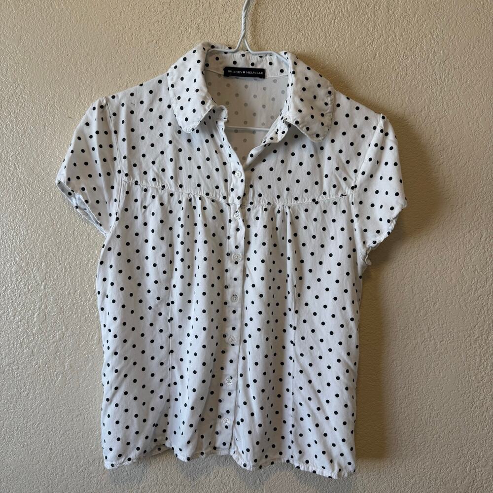 Brandy Melville White Black Polka Dot Button Up Blouse